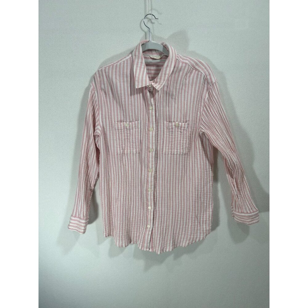 Caslon White Pink Striped 100% Cotton Button Up Long Sleeve M Summer Fall